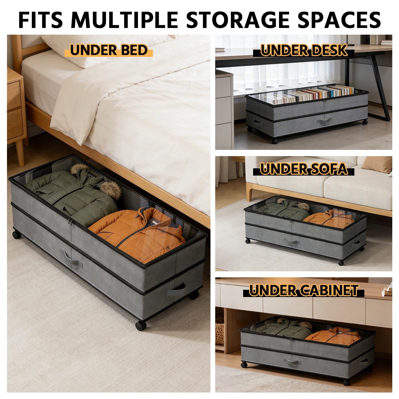 JAOGAUS Cajones de almacenamiento de cama con ruedas, paquete de 2 unidades, 72 L, XXL, ajustables, 25 cm de altura con tapa, caja de almacenamiento de dormitorio que ahorra espacio para ropa, zapatos