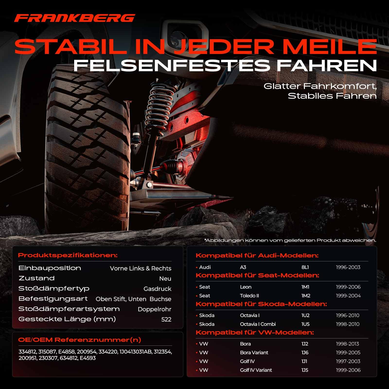 Frankberg 2x Stossdämpfer Stoßdämpfer Vorne Links Rechts 522mm Gasdruck Kompatibel mit Golf IV 1J1 A3 8L1 Golf IV Variant 1J5 Replace# 315087, 1J0413031AB