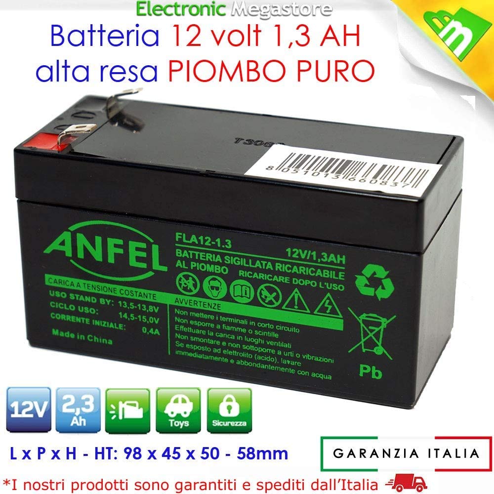 BATTERIA ERMETICA RICARICABILE AL PIOMBO 12 V 1,2 AH 1,3 AH, UPS ATTACCO FASTON 97x43x57mm