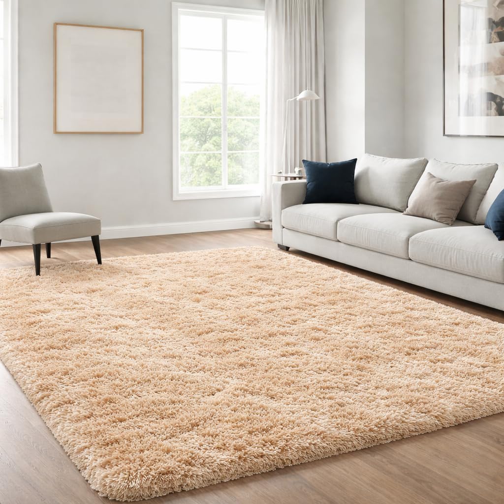 JOYARR Hochflor Wohnzimmer Teppich, Flauschig Waschbar rutschfest Moderne Teppiche für Schlafzimmer Büro Esszimmer Kinderzimmer Spielzimmer, 120x170 cm, Beige