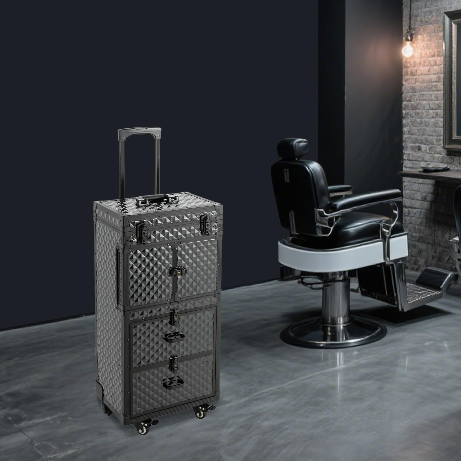Kosmetikkoffer Trolley XXL, Friseurkoffer mit Rollen & Schubladen, Profi Make Up Koffer Abschließbar, Aluminium Beauty Case Mehrteilig für Visagist, Nageldesign & Stylist, Schwarz