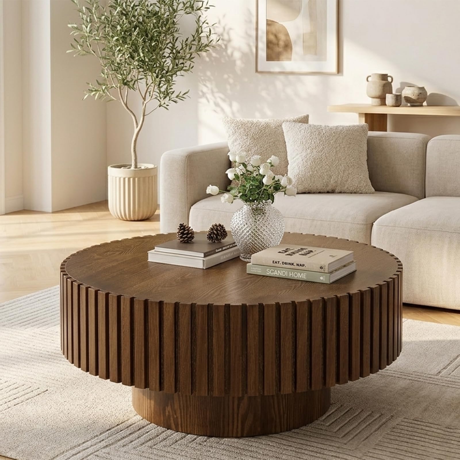 TYONGCOFF Modern Round Coffee Table, Fluted Wood Drum Center Table
