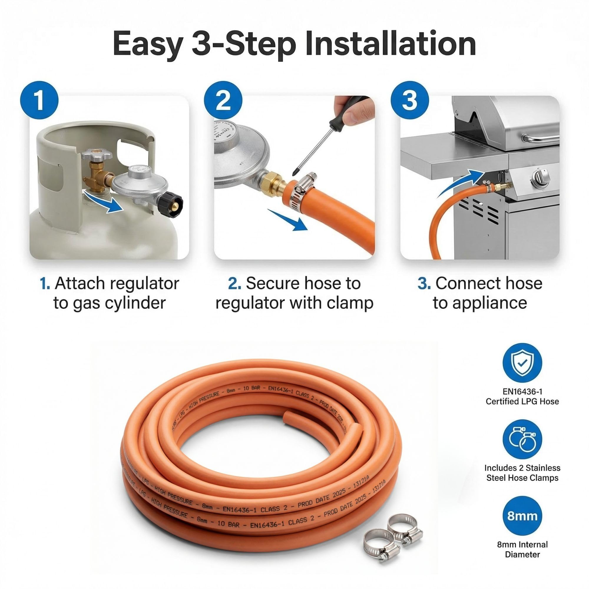 MYPURECORE 8mm LPG Gas Hose Pipe with 2 Clips – EN16436-1 High Pressure Propane & Butane Gas Hose for BBQ, Patio Heater, Caravan, Camping Cooker & Gas Bottle – Orange LPG Hose (4m (8mm)) - 5