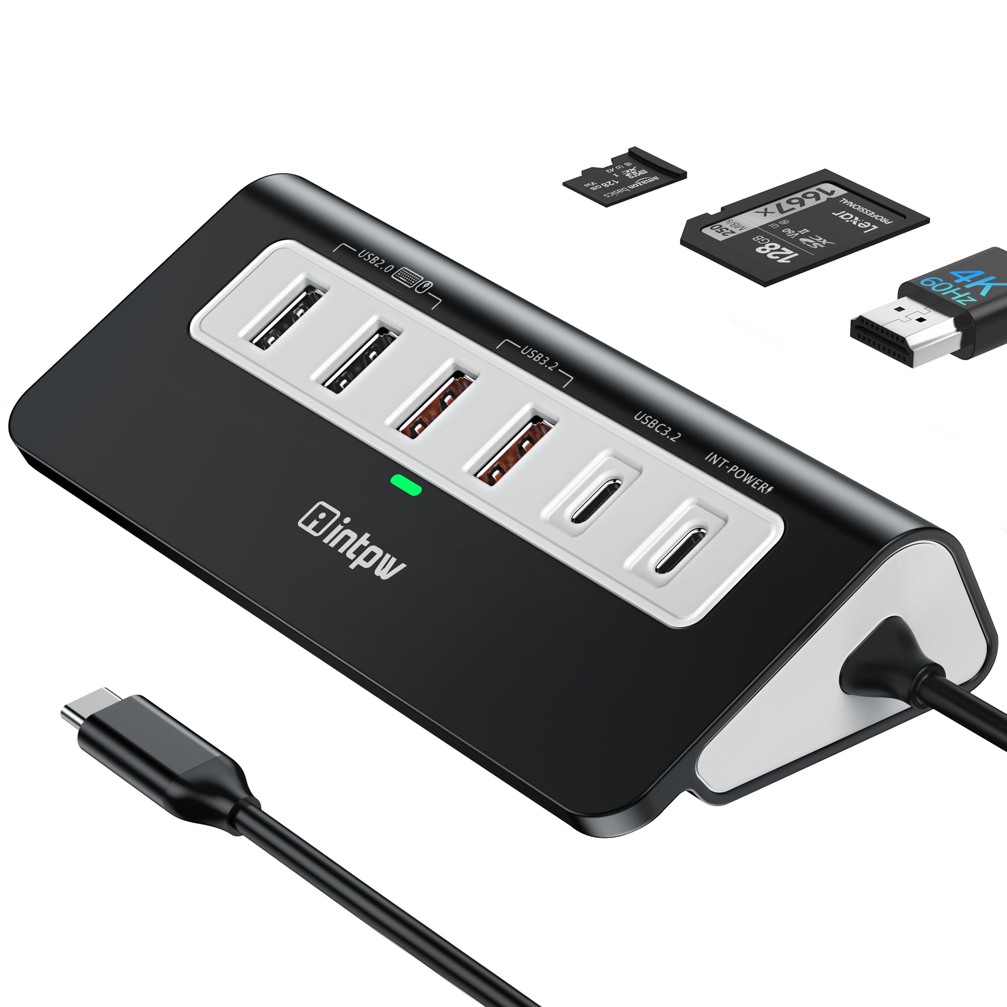 Intpw USB C Hub 10Gbps, 9-IN-1 Docking Station USB c mit HDMI 4K@60HZ, 3 USB 3.2 10Gbps Data, PD 100W, 2 USB-A 2.0, SD/TF Port, Aluminium USB HUB 3.2 für iPhone 16/15,MacBookAir/Pro