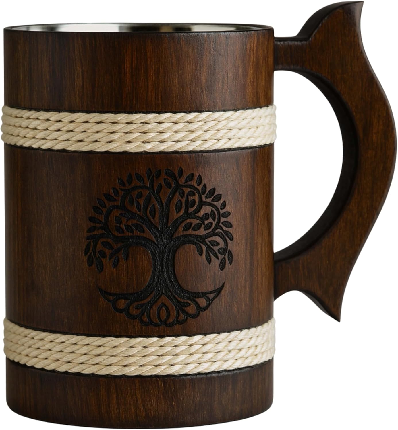 Handcrafted Wooden Mug with Metal Lining – Tree of Life Engraving | Rustic Coffee, Tea & Beer Cup | Braided Rope Accents | Unique Gift for Men & Women