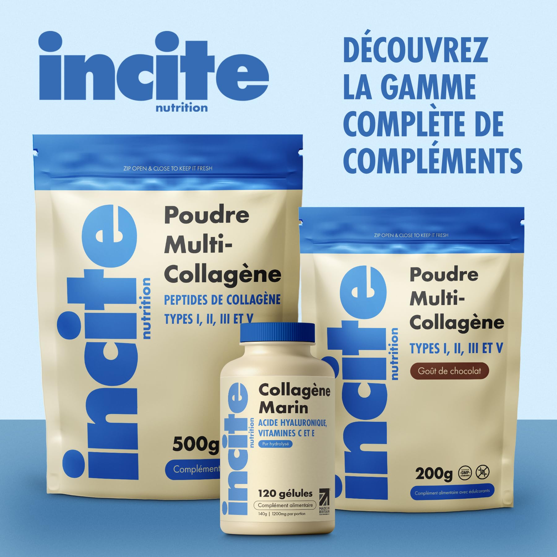 Incite Nutrition Multi Collagène Poudre Non Aromatisée 500 g. Source de Collagene Types 1, 2, 3 et 5. Complément pour la Peau, les Articulations, les Os, les Cheveux et la Récupération Musculaire.