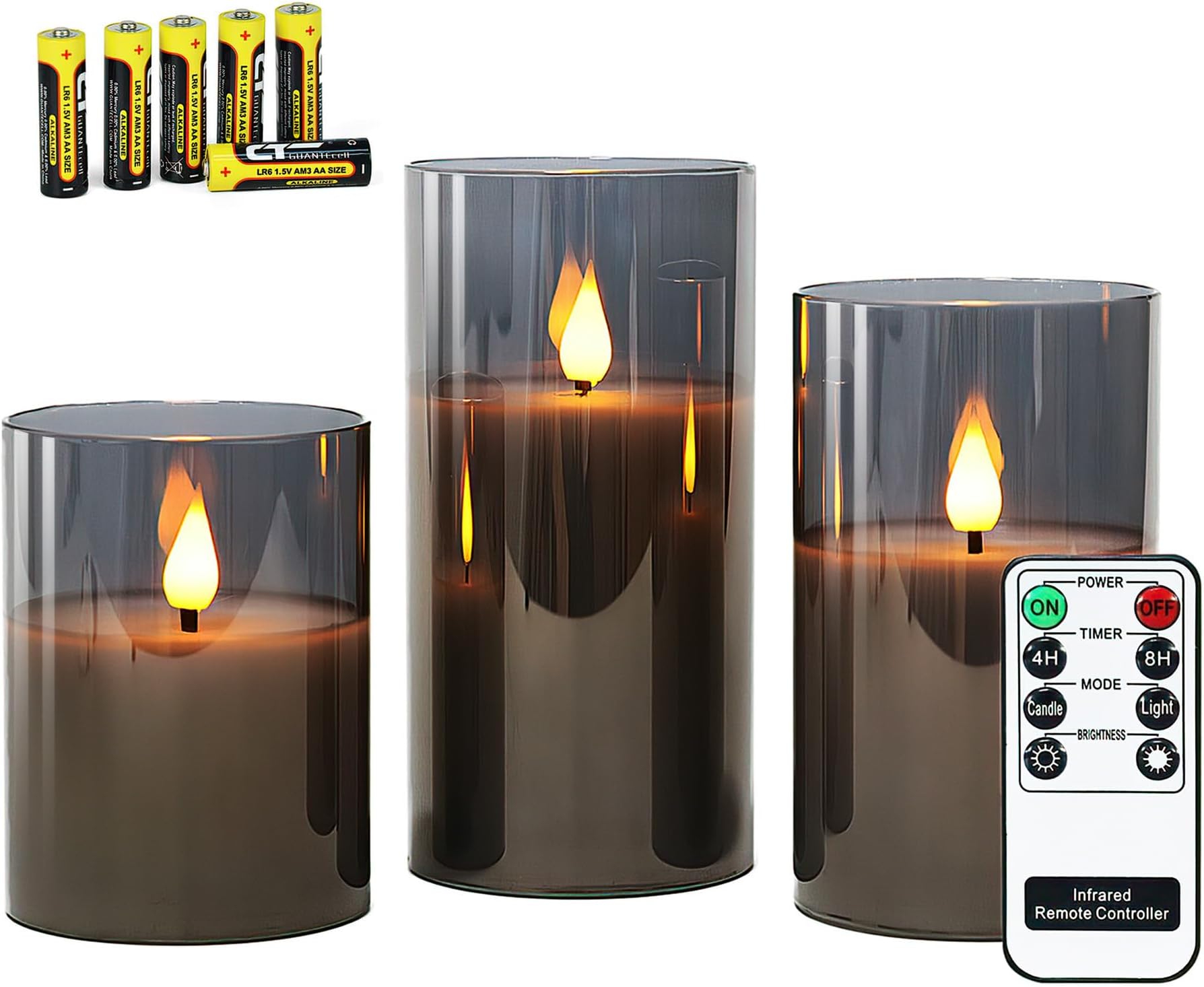 Rhytsing Gray Glass Battery Operated LED Candles with Remote, Flameless Candle Gift Set, Warm White Light - Include 6 Batteries