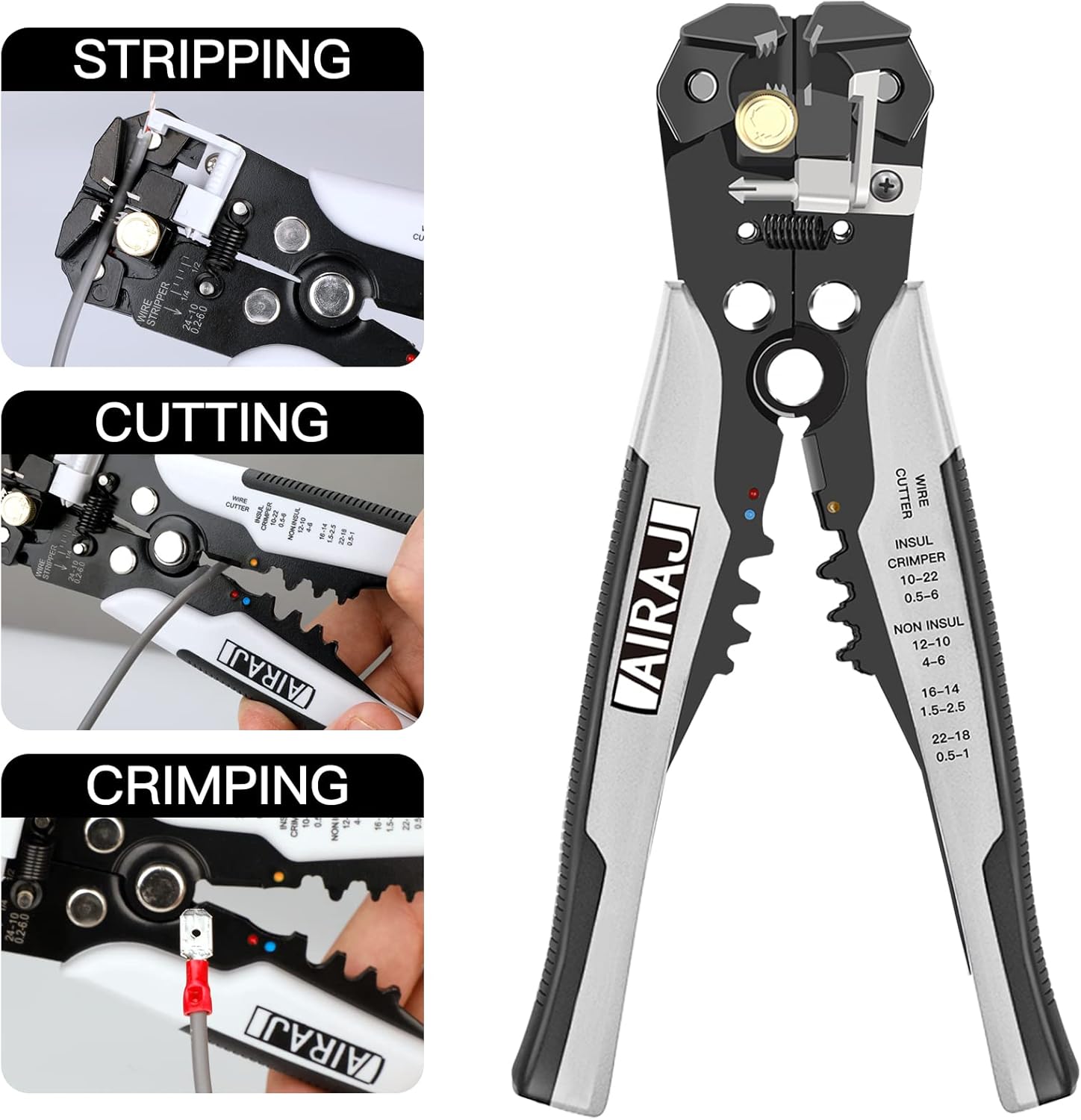 AIRAJ PRO Self Adjusting Wire Stripper,3 in 1 Heavy Duty Wire Cutter Stripper Crimper Tool,Universal Wire Stripping Cutting for 10-24 AWG Wire Cutter for Electrical Cable Cutting,Crimping Tool - 