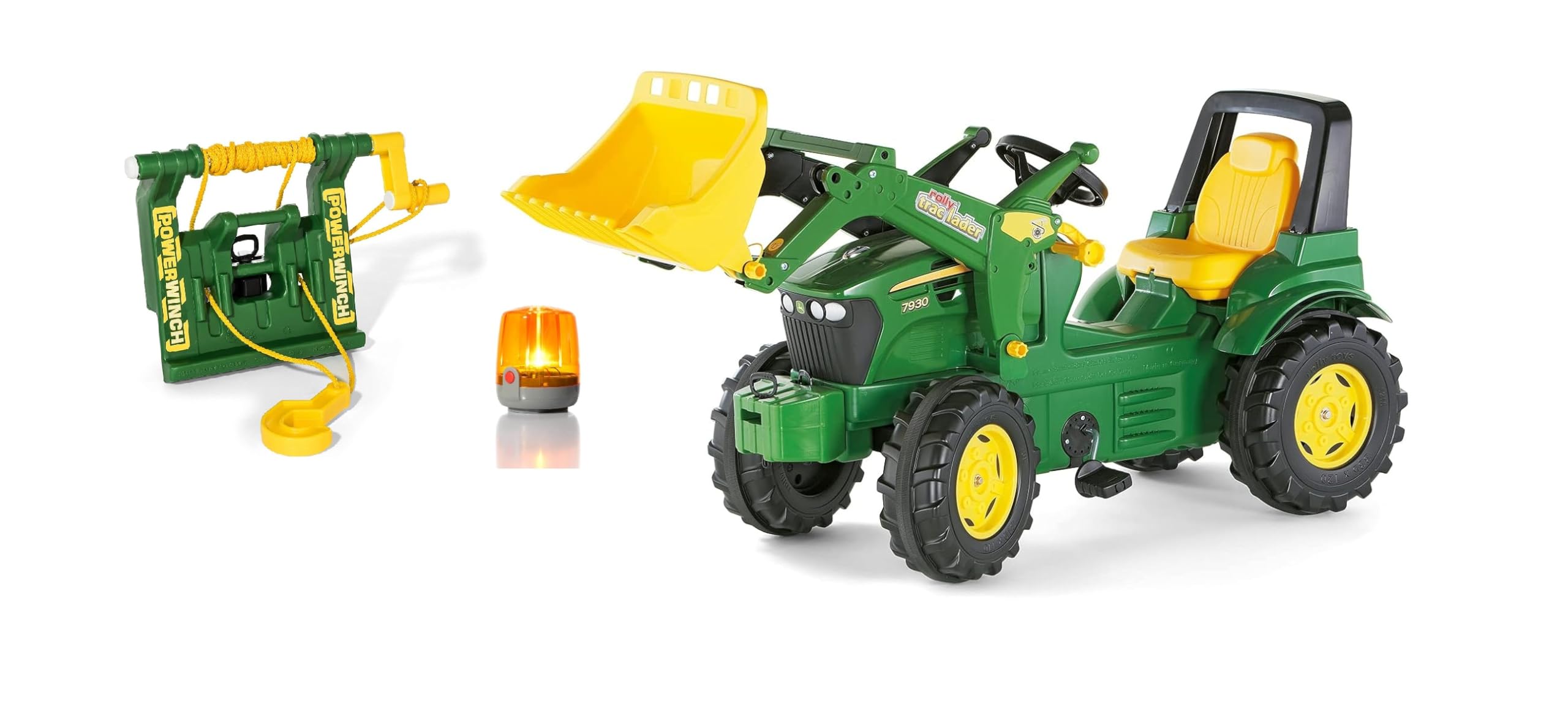 Rolly Toys rollyFarmtrac John Deere mit Frontlader, Seilwinde und Blinklicht (3-teiliges Set, Trettraktor für Kinder ab 3 Jahren mit Zubehör) 710454