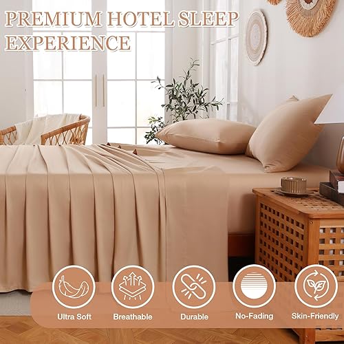 Miniatura 3 de Juego de sábanas de 100 % algodón tamaño King con sábana bajera de bolsillo profundo de hasta 16 pulgadas, sábana de lujo de 400 hilos, suave y