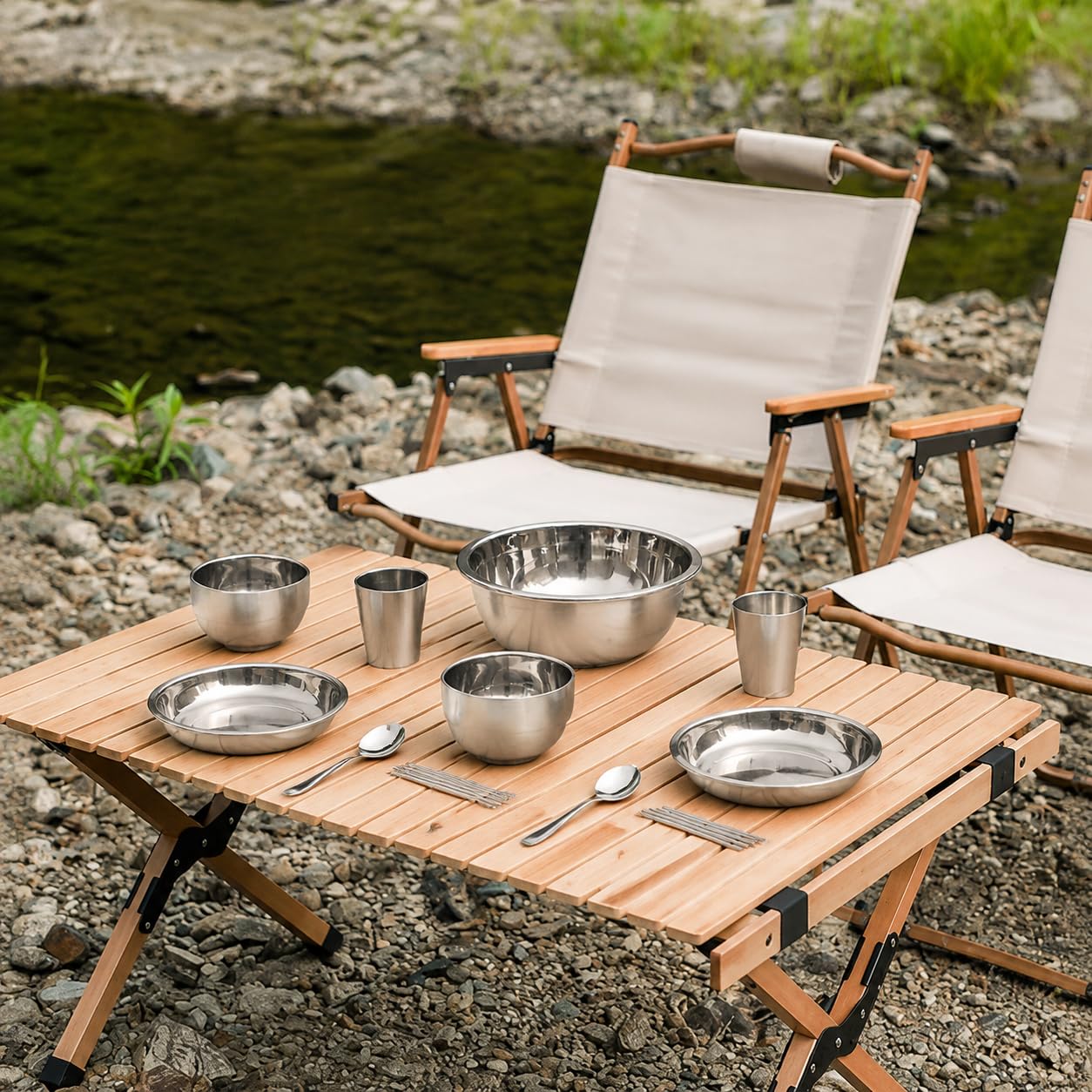 11-teiliges Camping Geschirr & Besteck Set Edelstahl – Outdoor Essgeschirr & Reisebesteck, stapelbar, 11-teiliges Set aus Edelstahl
