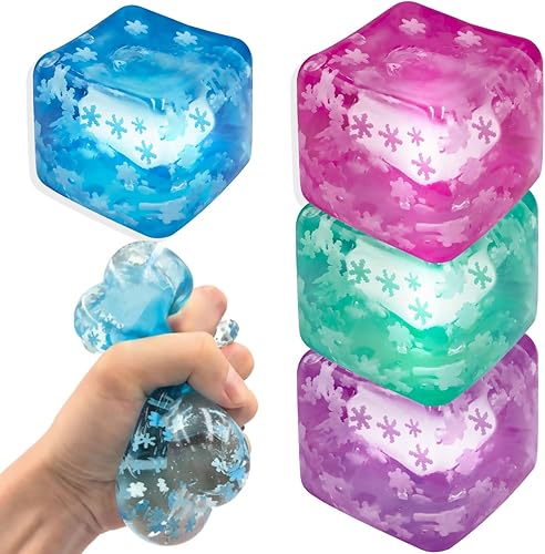 Pelotas de hielo con copos de nieve en el interior, paquete de 4 (azul, verde, rosa, morado) - Juguetes sensoriales antiestrés para apretar y