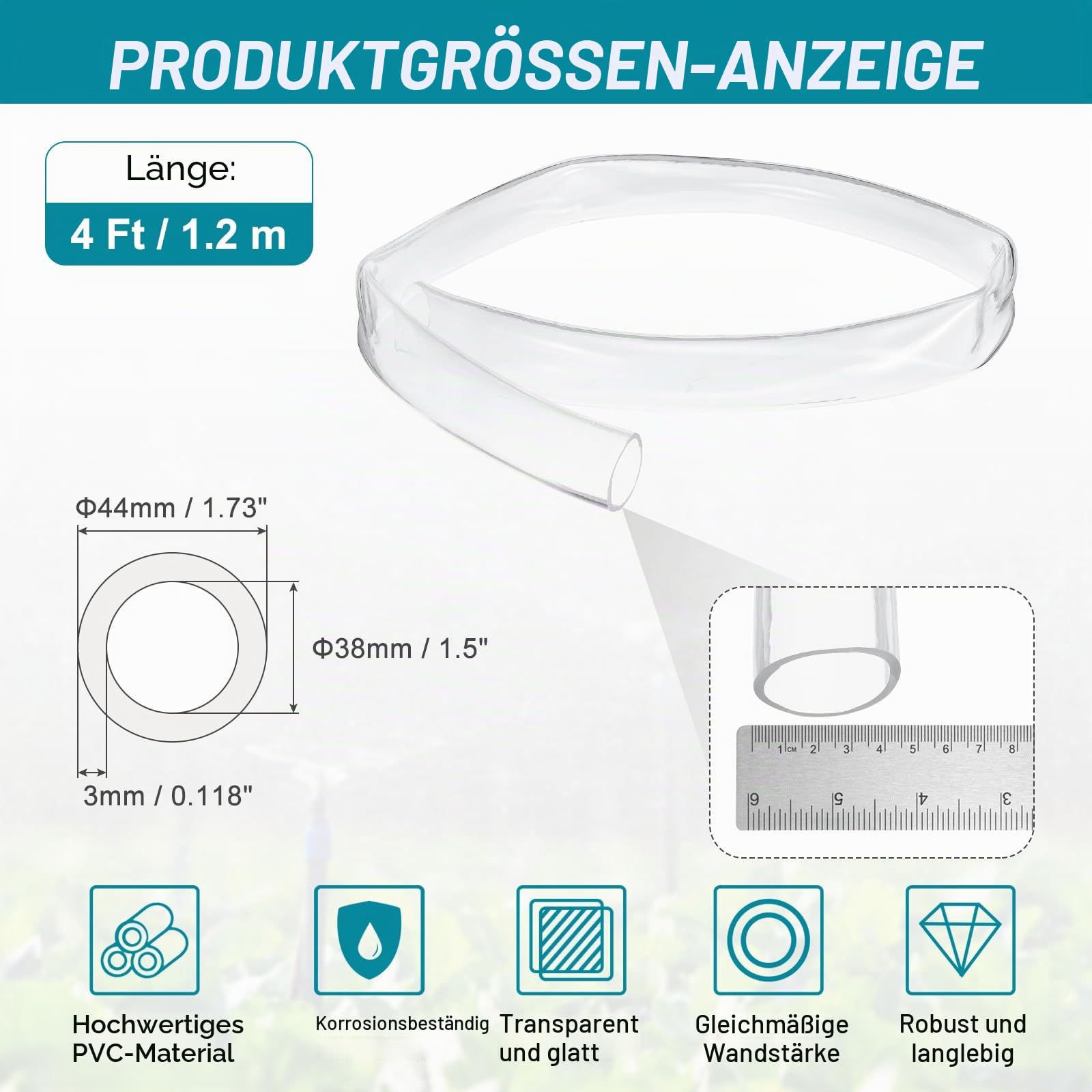 QUARKZMAN Klares PVC Schlauchrohr 38mm Innendurchmesser x 44mm Außendurchmesser 4ft PVC Rohr Leichtes Vinylschlauch Transparentes Flexibles Kunststoff Wasserschlauch Für Luft Öl Wasser