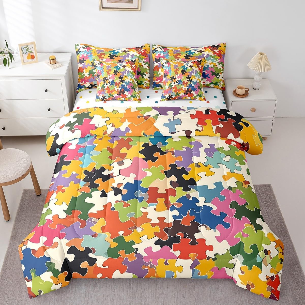 7 Pieces Full Size Puzzle Comforter Set,Geometric Squares Grids Patch Bedding Set,Boys Girls Room Decor,Abstract Gaming Building Blocks(Comforter+Fitted+Flat Sheet+2 Pillowcases+2 Throw Pillow Covers)