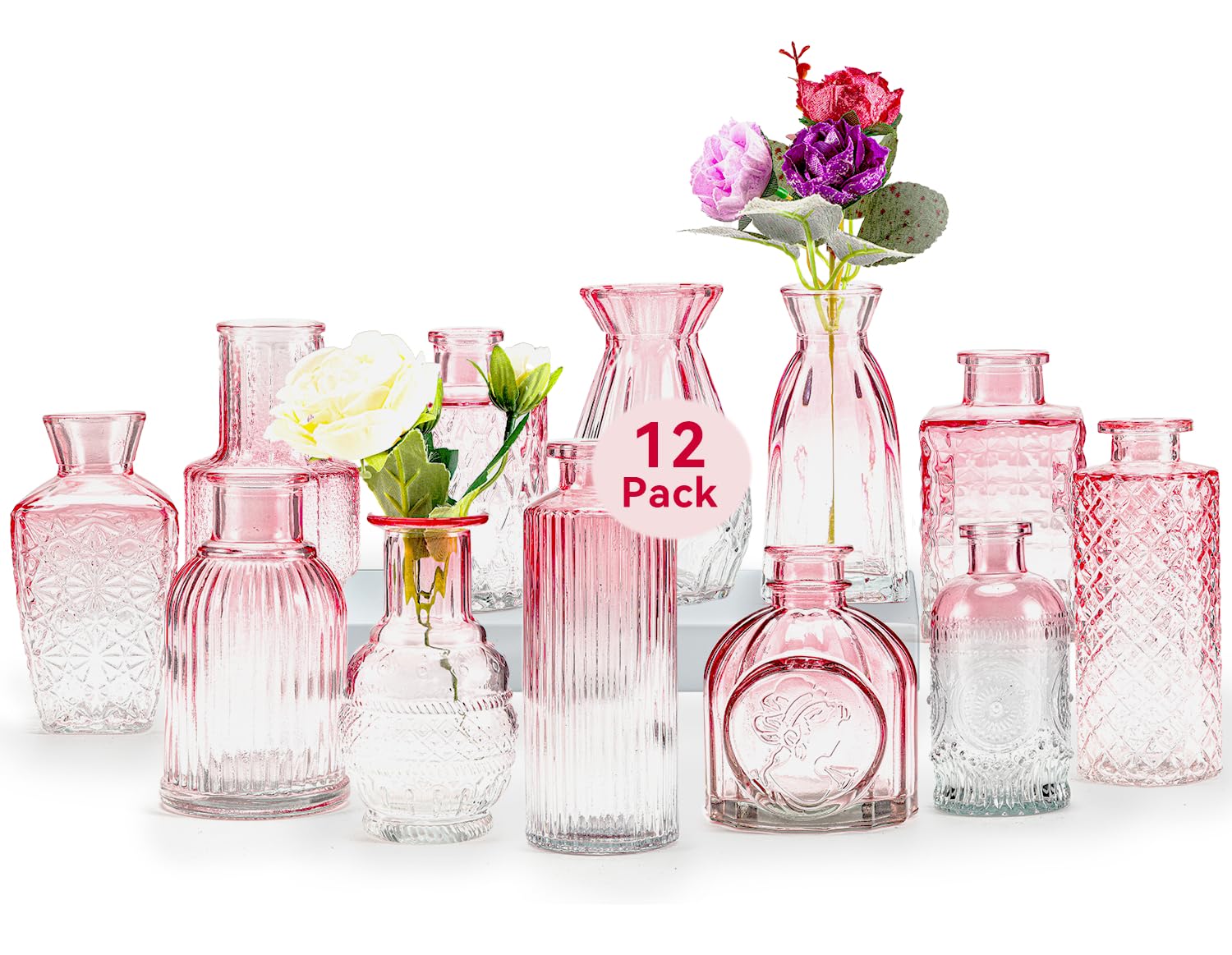 Glass Bud Vases Set of 12,Small Glass Vases for Centerpieces,Pink Bud Vases in Bulk,Mini Flower Vase,Small Vases for Flowers,Mini Vintage Vase for Wedding Home Room Office Table Decor(Pink)