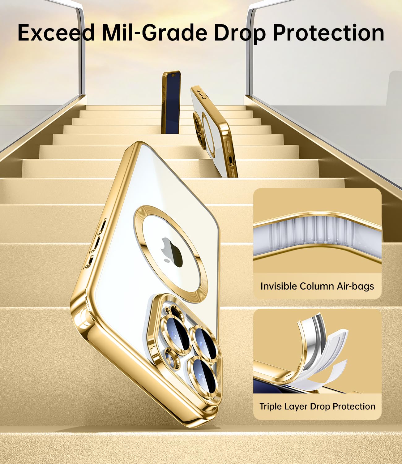 JUESHITUO Magnetic Clear for iPhone 13 Pro Max Case with Full Camera Protection [Never Yellow] [No.1 Strong N52 Magnets] [Military Grade Drop Protection] for Women Girls Phone TPU Case (6.7")-Gold