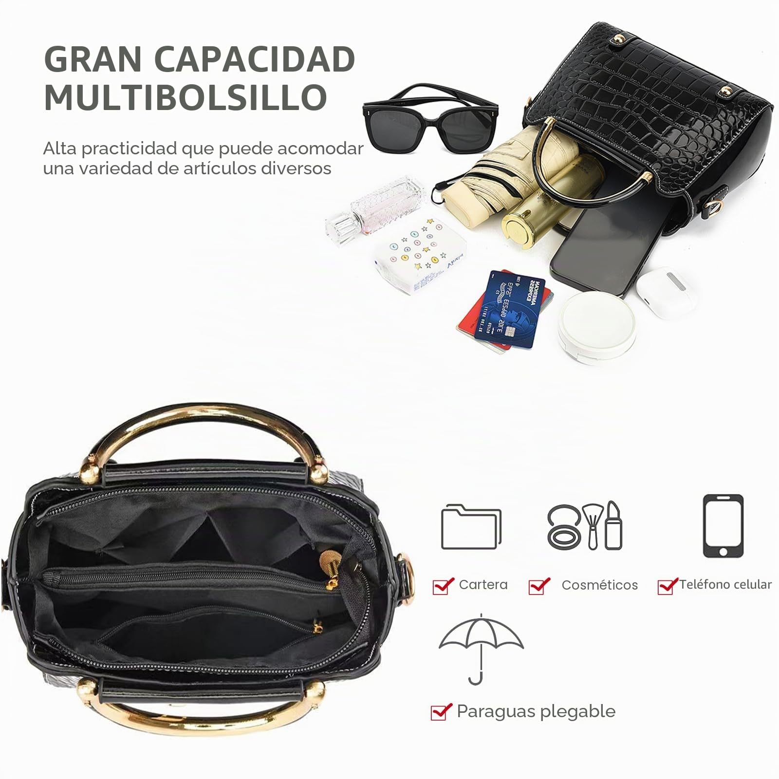 NICOLE & DORIS Bolsos Mujer Bolso Bandolera Pequeños Bolso de Mano de Charol Bolso de Cocodrilo Bolso de Hombro Bolsos Cruzados Bolso Fiesta Negro