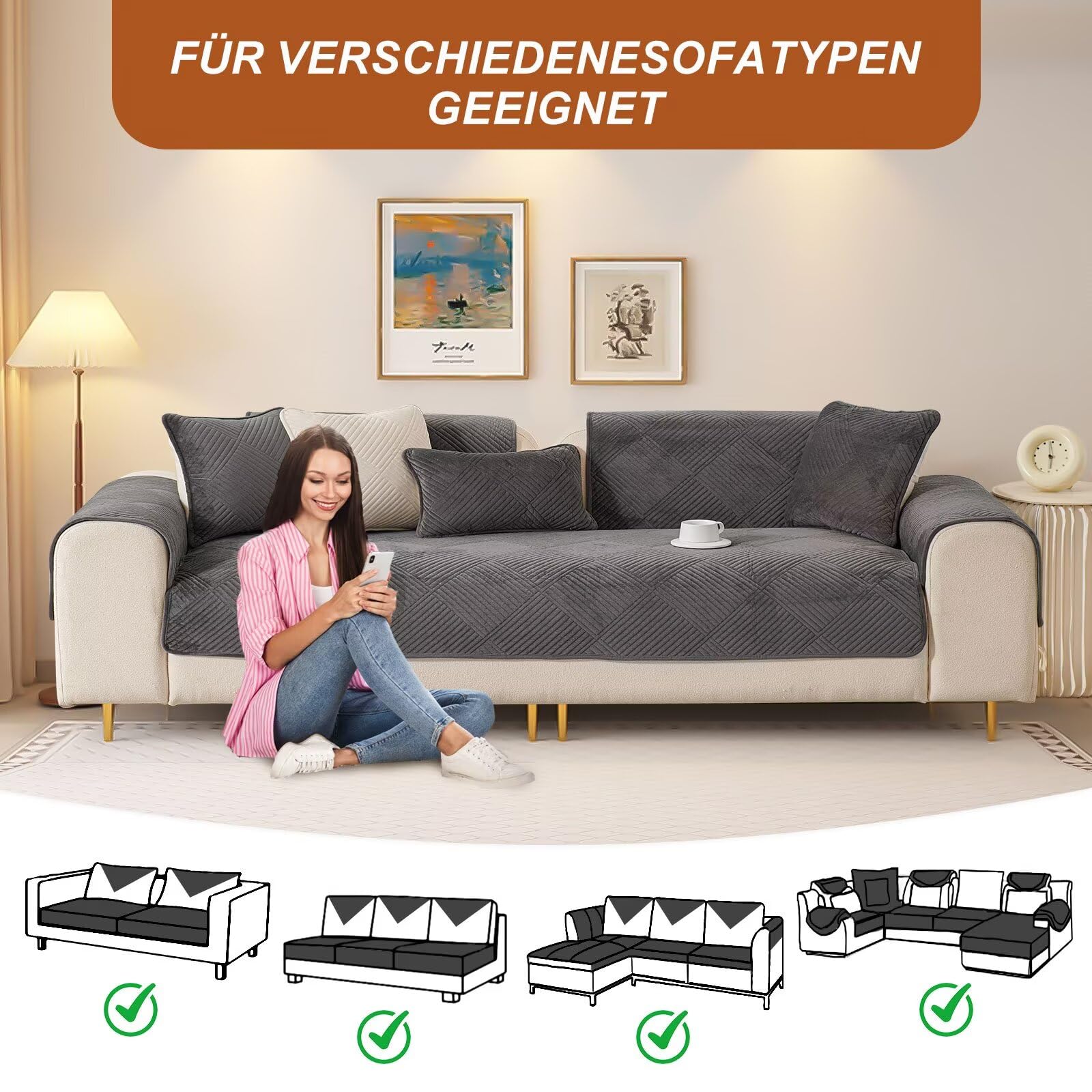 Nieuwe dikke bankhoezen wasbaar - zachte corduroy universele bankhoes 2-, 3-/ 4-zits, antislip bankhoes, bankhoezen, meubelbeschermer voor de woonkamer (donkergrijs, 90 x 180 cm