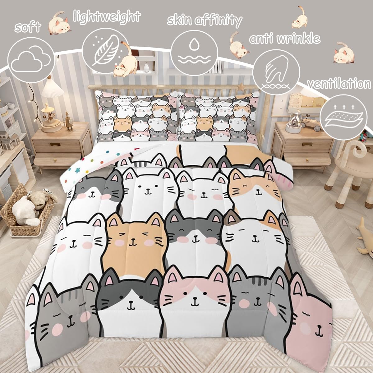 jejeloiu Cute Cat Comforter Set Twin Size Cartoon Cats Bedding Set for Kids Boys Girls Lovely Animals Duvet Quilt Bedroom Decor Microfiber 2 Pcs with 1 Pillow Cases