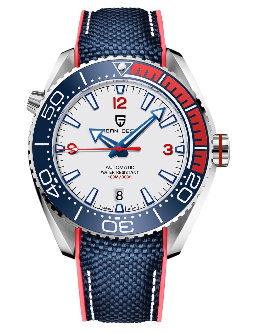 PAGRNE DESIGNMen's Wrist Watch Pagani Design Automatic Mechanical Stainless Steel Sports Diving Watch NH35 Movement, Sapphire Glass,Nylon Rubber Strap, Brand Elegant Watch for Men (Tape White)