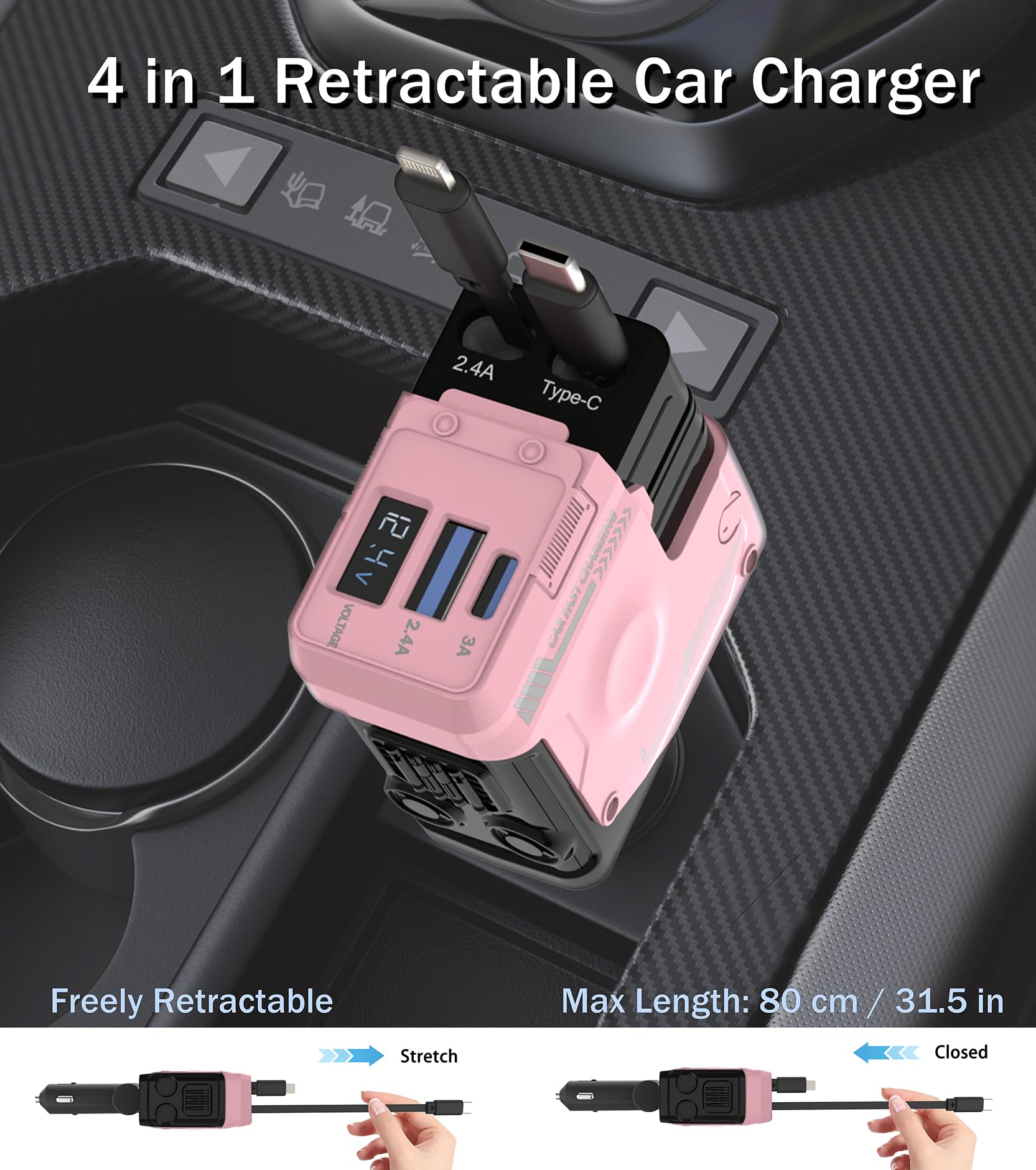 Cargador retráctil para coche, cargador de teléfono retráctil 4 en 1 con carga rápida de 66 W, 2 cables retráctiles y 2 puertos USB-C USB-A compatibles con iPhone 17/16/15/14/13/12, Samsung, Galaxy