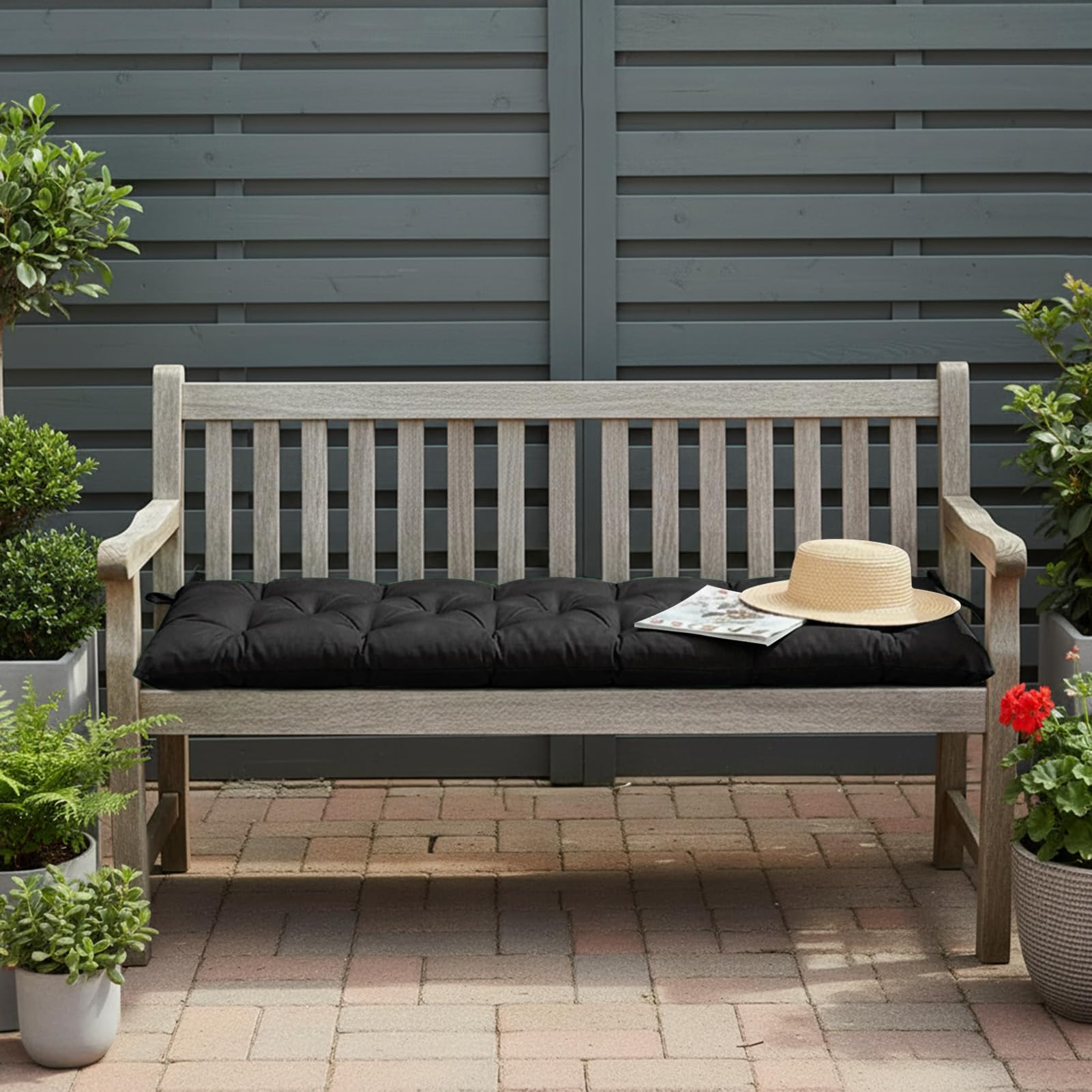 ZxrFxr Waterproof Garden Bench Cushion: 2/3/4 Seater 8cm Thick 150x50cm Bench Seat Pad with Non Slip Straps for IndoorOutdoor Patio Furniture (Black, 150x50x8cm)