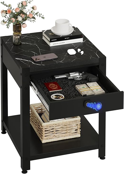Nightstand Gun Table with Hidden Locking Compartment, Smart Fingerprint Gun End Table, Secure Storage Cabinet for Handguns and Valuables, Quick Access Small storage coffee table for Bedroom or Office
