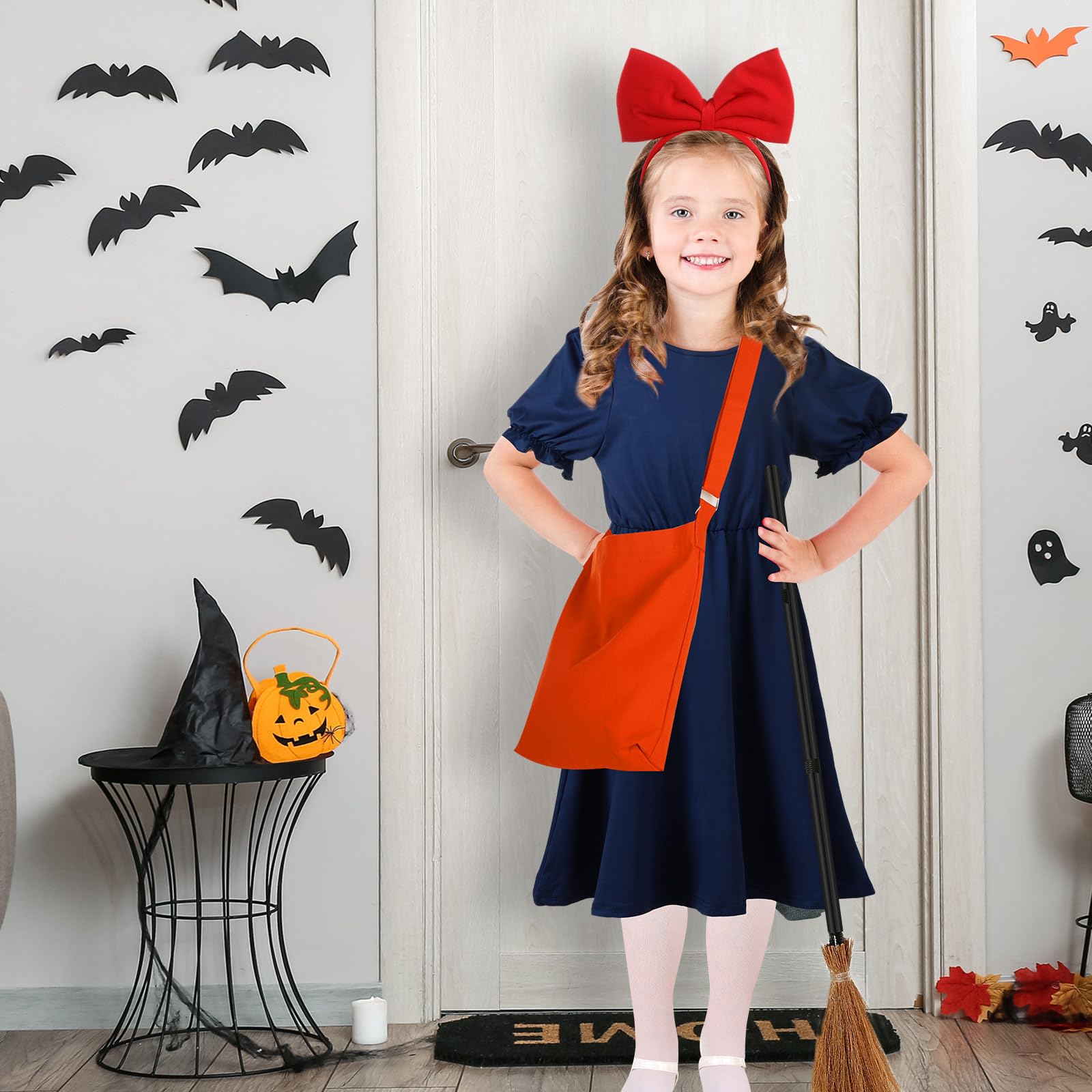 Xtinmee Girls Witch Costume Anime Cosplay Dress with Tights Wizard Flying Broom Bag Bow Headdress for Kids Halloween Cosplay (Medium)