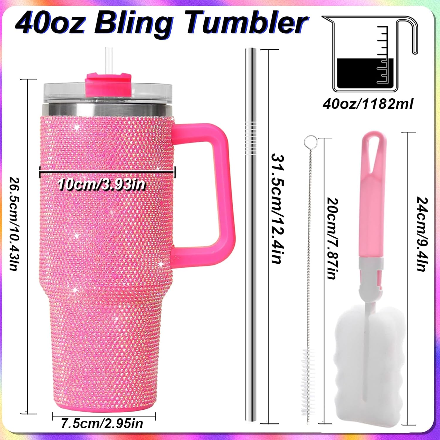 40oz Rhinestone Bling Tumbler with Handle and 2 Straw,Glitter Travel Mug with Lid,Rhinestone Water Bottle,Diamond Vacuum Insulated Stainless Steel Cup for Girls Women (Pink)