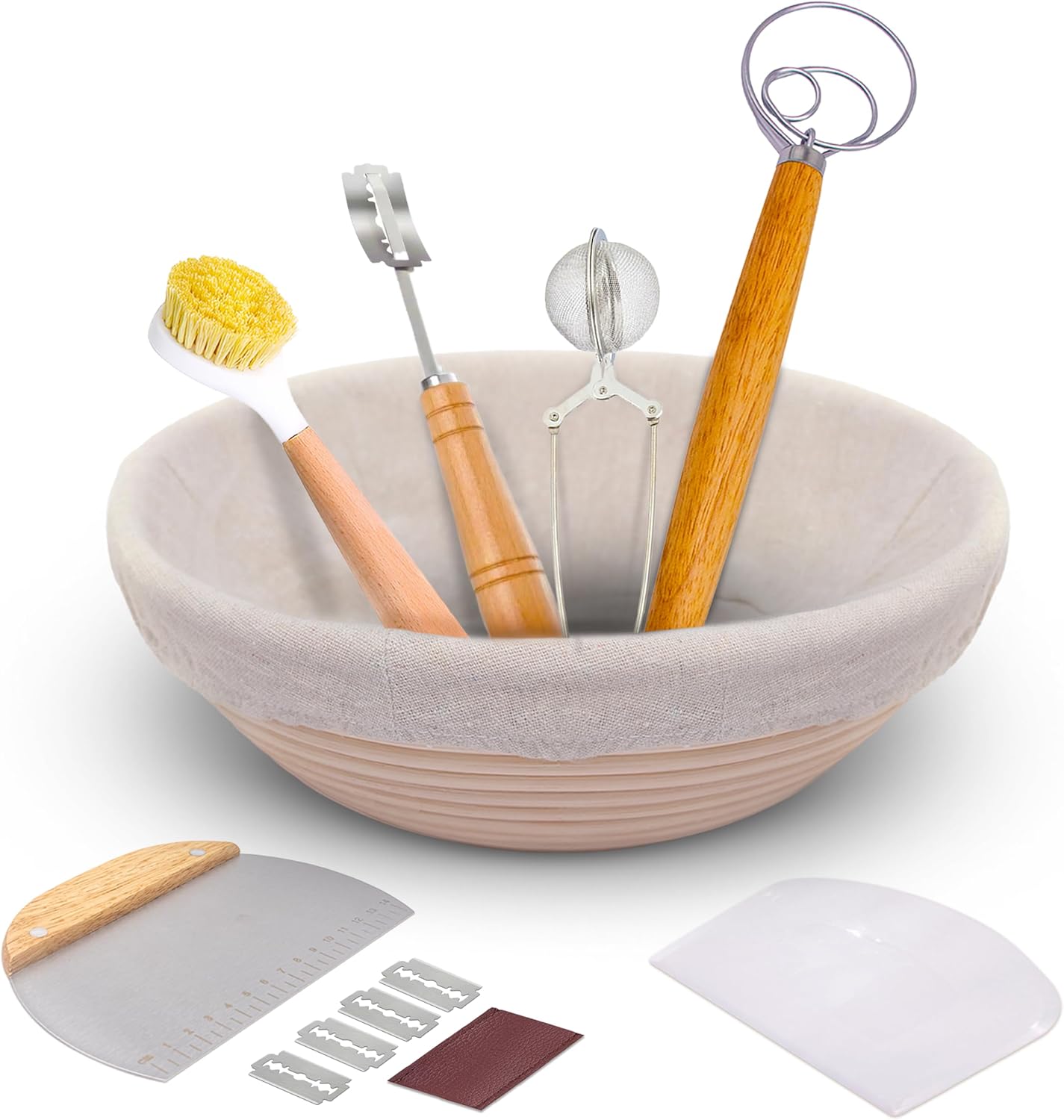 Banneton Bread Proofing Basket Set – Sourdough Baking Supplies and tools, Round 9 Inch Proofing Basket, Bread Lame, Dough Whisk, Metal and Plastic Scrapers – Sourdough Starter Kit