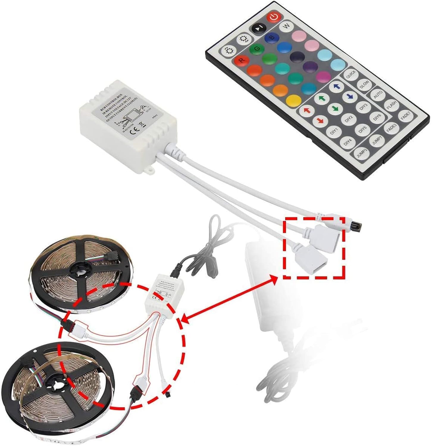 SUPERNIGHT RGB Light Strip Remote Controller, 2-in-1 4 Pin Dimming Dimmer Brightness Flash Mode Control Options for LED Tape Light,12V DC LEDs Rope Lighting (2 Ports)