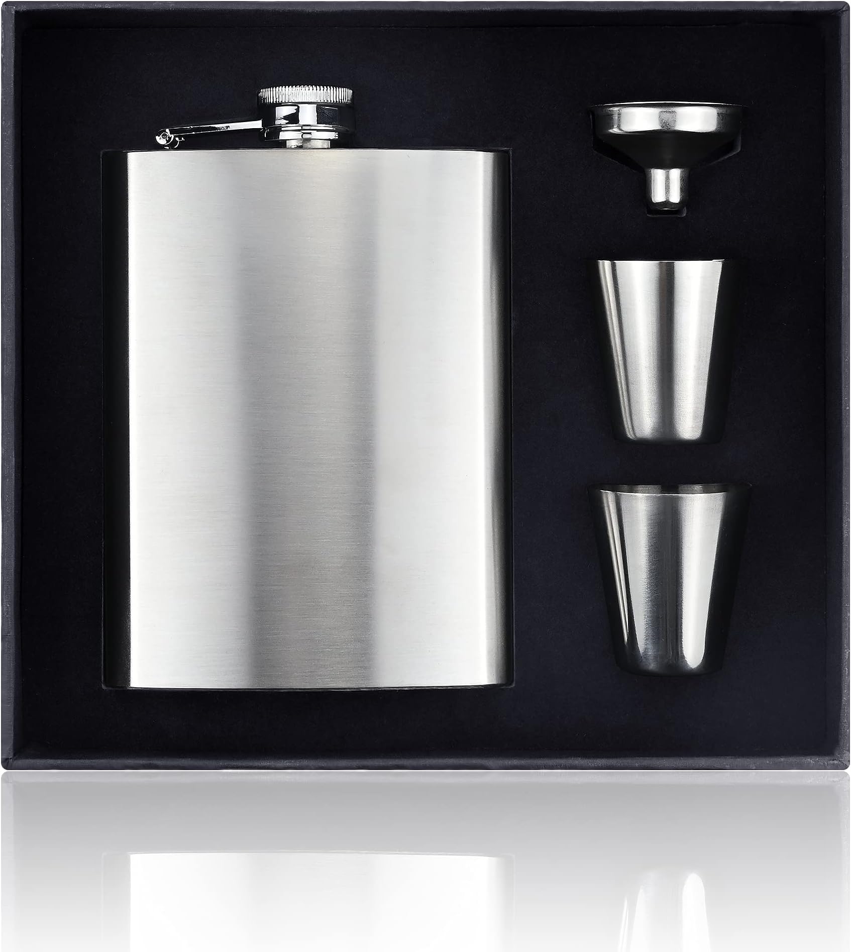Hip Flask Set, 8 oz Stainless Steel Silver Hip Flask with Funnel and 2 Small Glasses Portable Pocket Whiskey Flask with Gift Box for Men Bar Party Outdoors Climbing