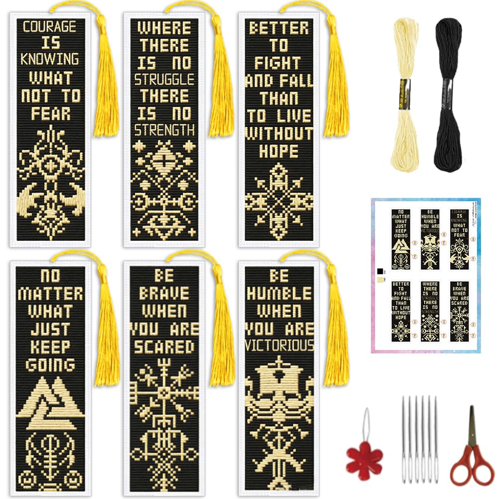 INFUNLY 6pcs Nordic Vikings Cross Stitch Bookmark Kit Motivational Words Stamped Cross Stitch Kits for Adults with Instructions DIY Embroidery Bookmarks Kits for Book Lovers Craft Gift 3x8.5 Inch