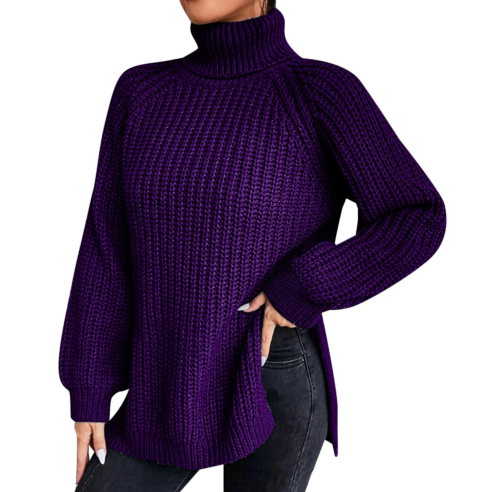 Women Oversized Sweatshirts Cable Knitted Long Sleeve Turtleneck Cozy Sweater Casual Fashion Side Slit Pullover Tops