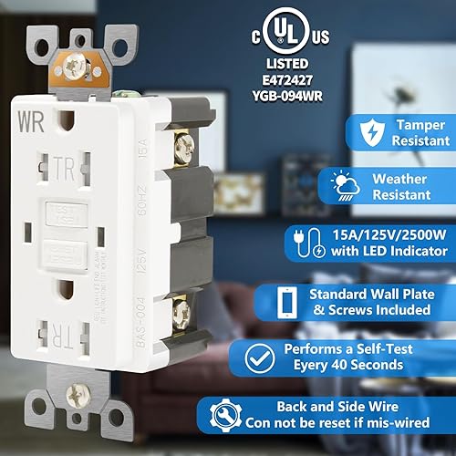 Vista 3 de Enchufes GFCI de 15 amperios, con certificación UL, receptáculos GFI de autocomprobación, resistentes a manipulaciones, resistentes a la intemperie