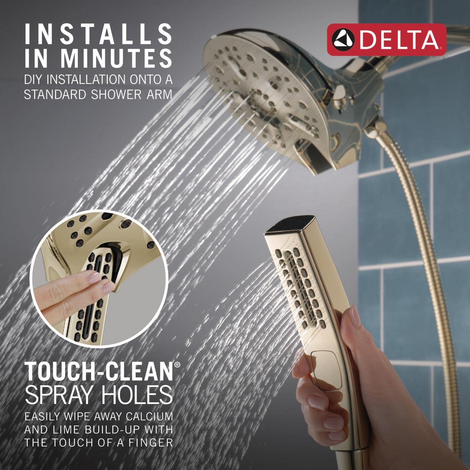 Delta Faucet Cabezal de ducha de mano doble 2 en 1 de 5 pulverizaciones con manguera, cabezal de ducha de mano H2Okinetic con acoplamiento magnético, cabezales de ducha de mano de níquel pulido,