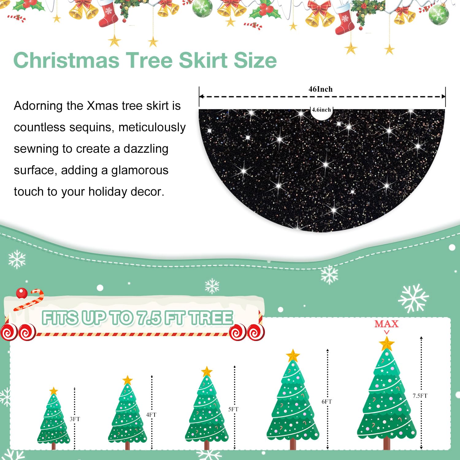 FUHSY Black Tree Skirt Christmas 116 cm Velvet Tree Skirt Sequin tree Mat Elegant Sequence Tree Mat Kits Shiny Xmas Skirts Tree Decoration for Merry Christmas Holiday Halloween Tree Skirts - Image 4