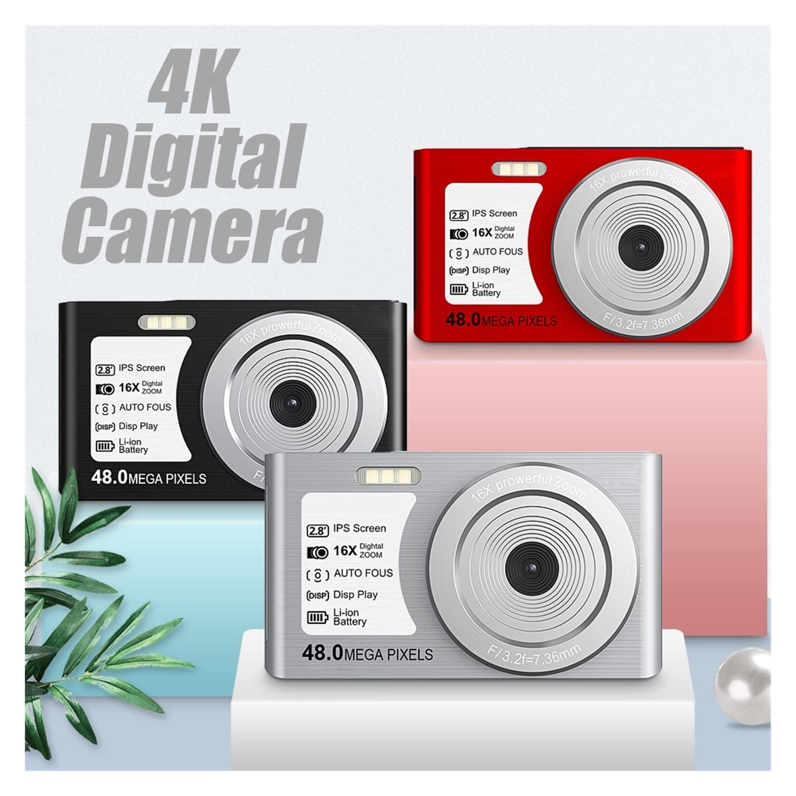 Kamera wideo, Mały aparat cyfrowy 4K 2,8"Ekran IPS 16-krotny zoom Automatyczne ustawianie ostrości Wykrywanie twarzy Samowyzwalacz Vlog Camera 48MP Dla dzieci Fotografia AF(128G TF Card,Nero)