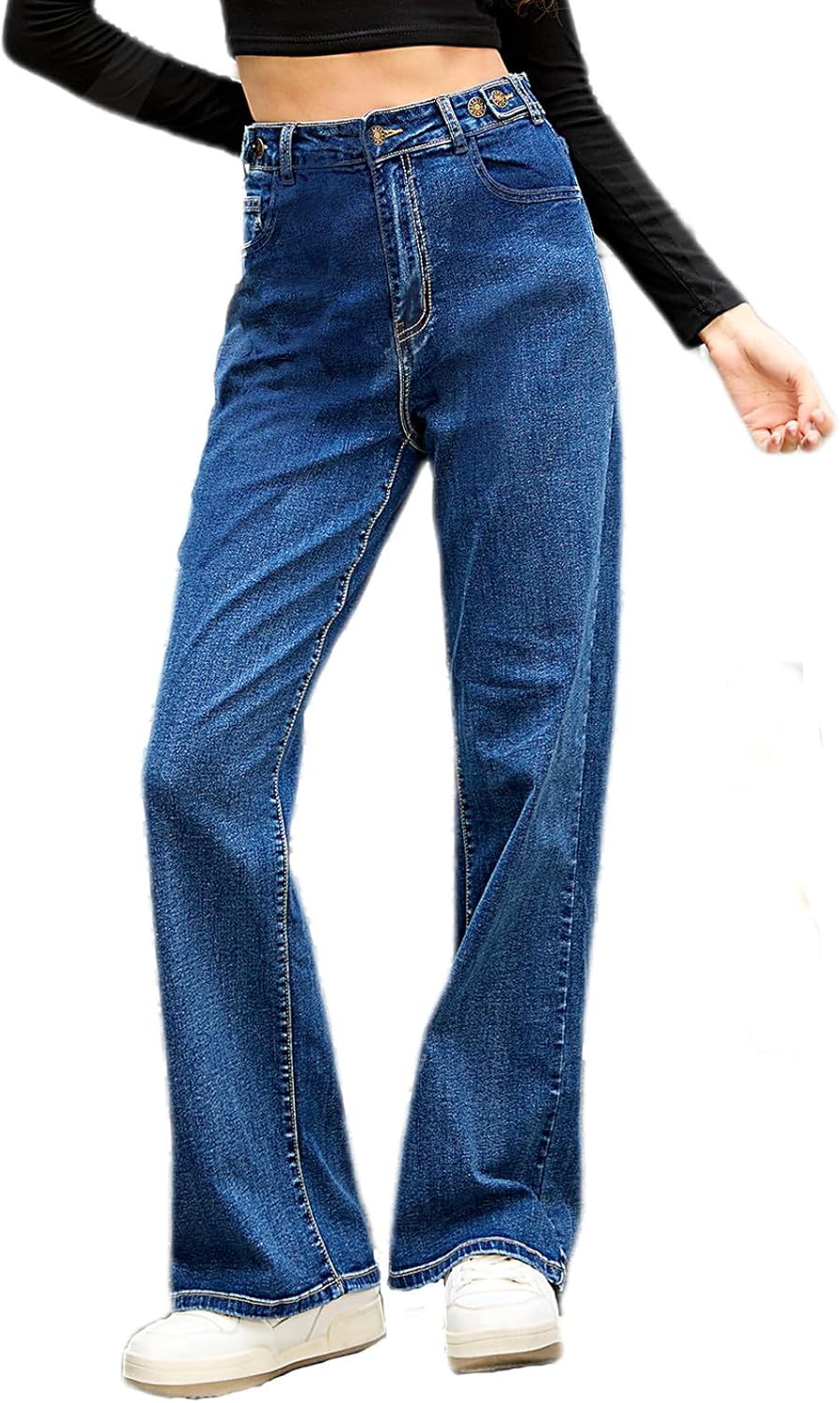 ELEBFISF Baggy Wide Leg Jeans for Women - Elastic High Waisted Stretchy Tummy Control Boyfriend Denim Pants Trouser Trendy