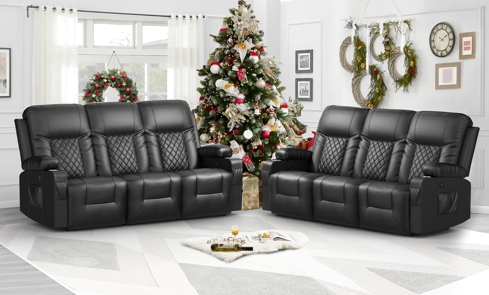 Oversized Recliner Sofa Set with 3+3 Pieces in Living Room, PU Leather Loveseat Couch, Modern Recliner Chair for Living Room, with Cup Holder and 2 Cell Phone Holder, USB Ports, Black