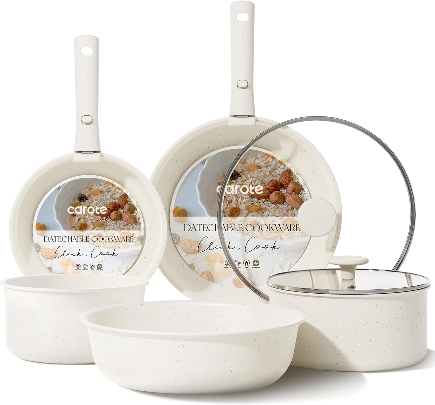 CAROTE 9pcs Pots and Pans Set Non Stick, Cookware Sets, Kitchen Set, Oven/Fridge Safe, Space Saving Pots Set, Nonstick Cooking Set with Versatile Detachable Handle, Induction RV Set, Cream White