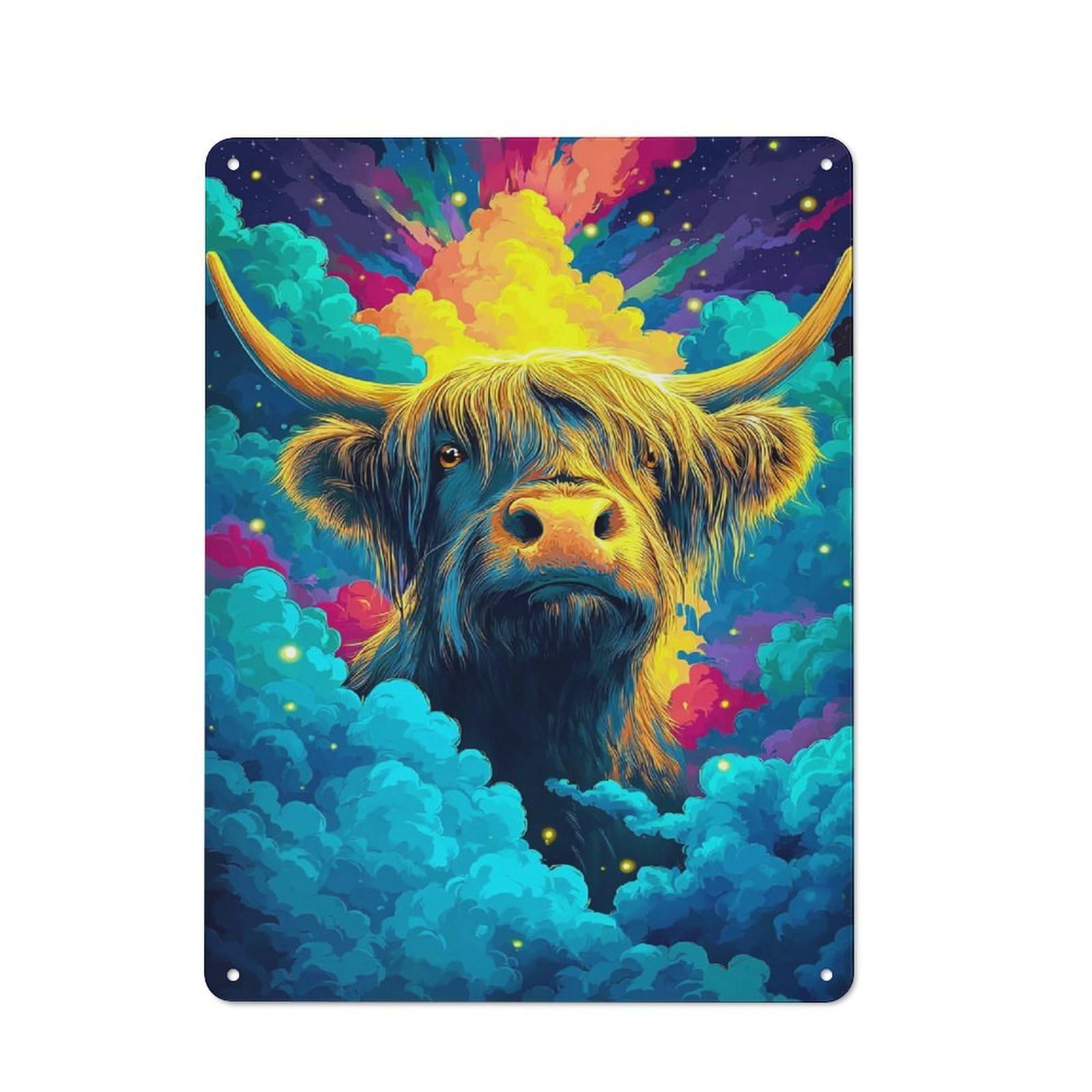 Junmoney Colorful Highland Cow In Clouds Vintage Cafe Metal Sign 40X30cm Featuring Bistro Wall Plaque For Tea Room, Shop Wall Or Breakfast Area