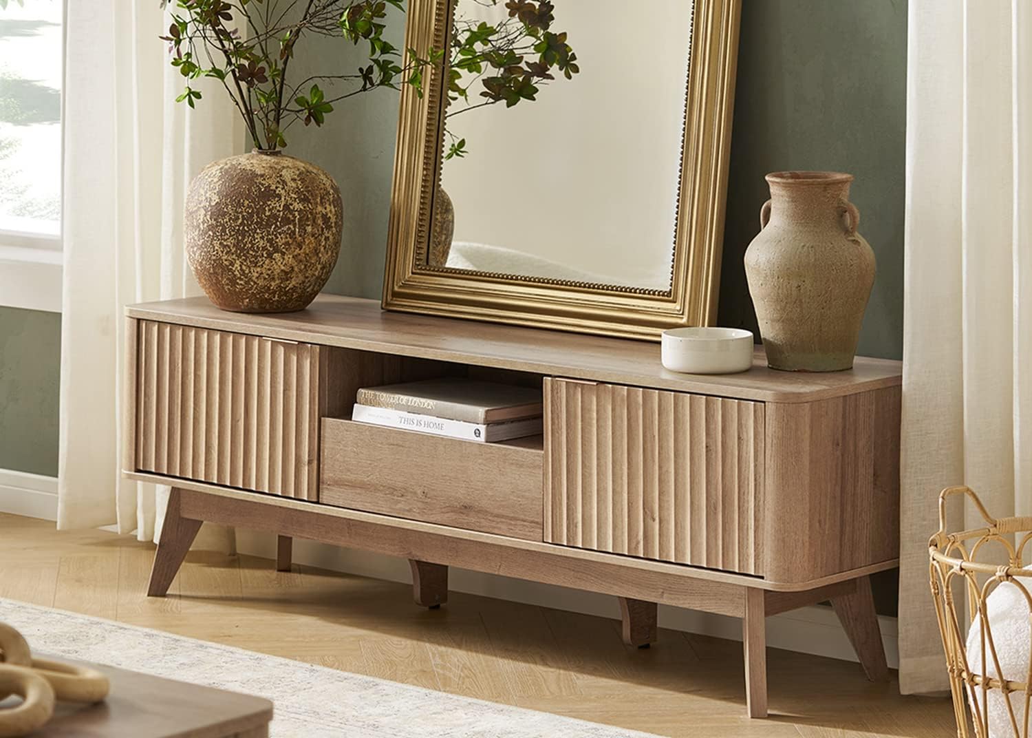 mopio Brooklyn Mid-Century Modern TV Stand, for TVs up to 50” / 59" Waveform Panel, Sleek Curved Profile with Adjustable Shelf and Sturdy Box Frame Leg (Golden Oak, 57")