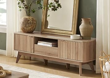mopio Brooklyn Mid-Century Modern TV Stand, for TVs up to 50 / 59" Waveform Panel, Sleek Curved Profile with Adjustable Shelf and Sturdy Box Frame Leg Golden Oak, 57"
