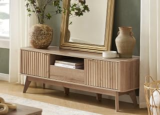 mopio Brooklyn Mid-Century Modern TV Stand, for TVs up to 50” / 59" Waveform Panel, Sleek Curved Profile with Adjustable Shelf and Sturdy Box Frame Leg (Golden Oak, 57")