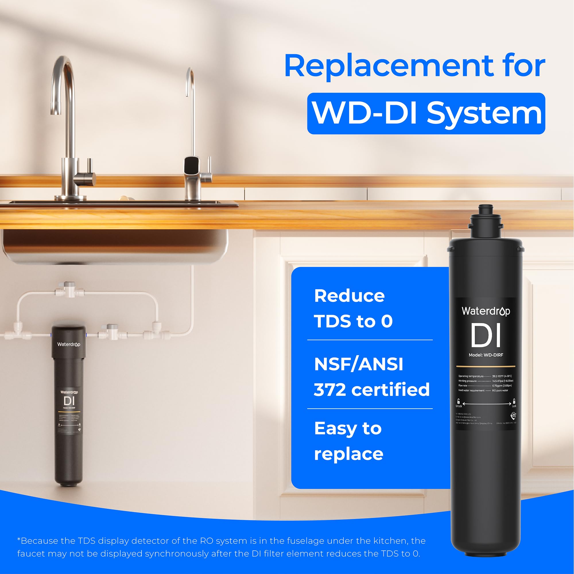 ?0 TDS? Waterdrop RODI Filter Replacement for WD-DI Deionization Water Filter System, Aquarium Filter Resin Replacement Cartridge, Hydroponics, WD-DIRF, 2-Pack