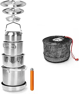 GFTIME Camping Cooking Set, Stainless Steel Camping Cookware, Camping Pot Pan Set, Camping Pots for Camping Stove, 5-Piece