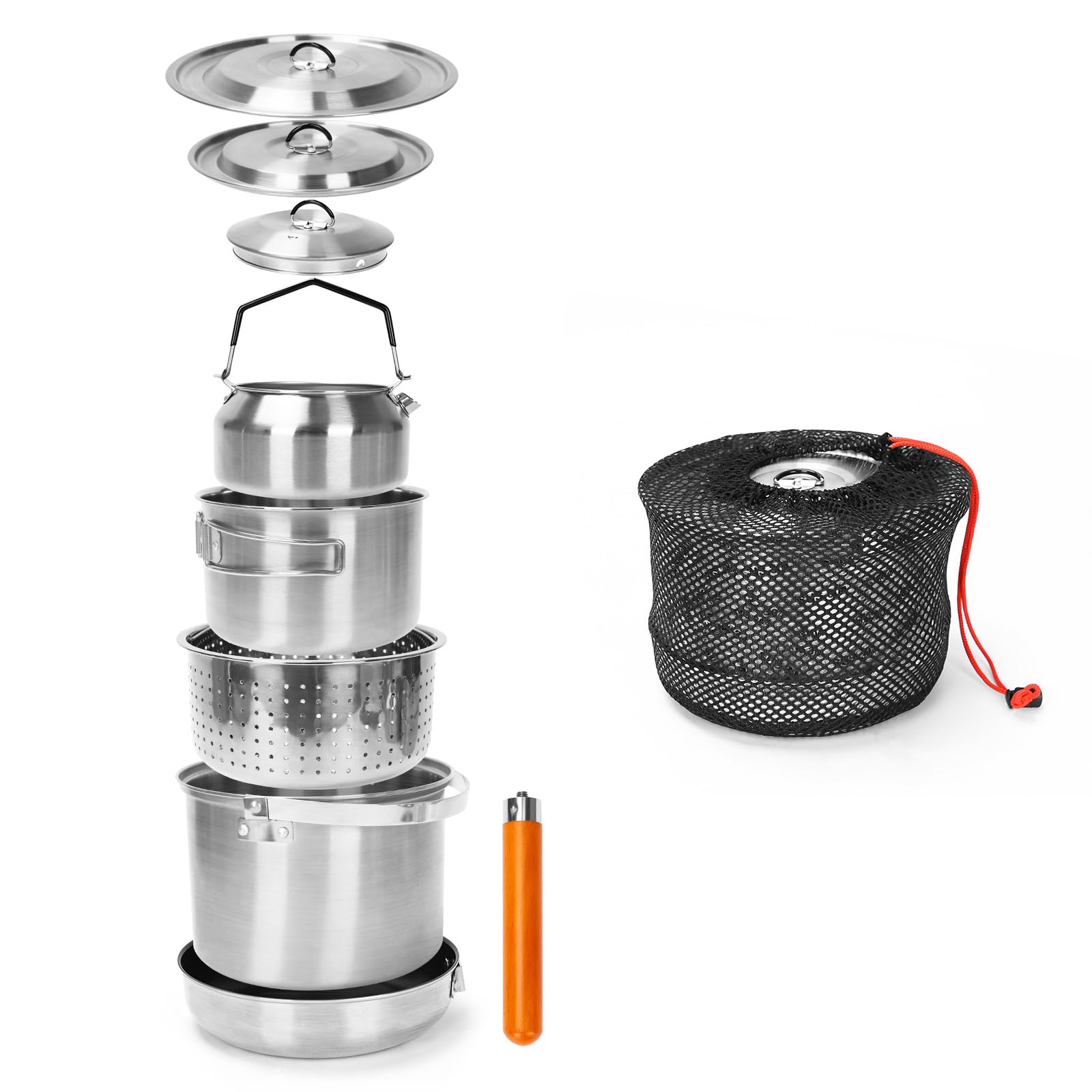 GFTIME Camping Cooking Set, Stainless Steel Camping Cookware, Camping Pot Pan Set, Camping Pots for Camping Stove, 5-Piece