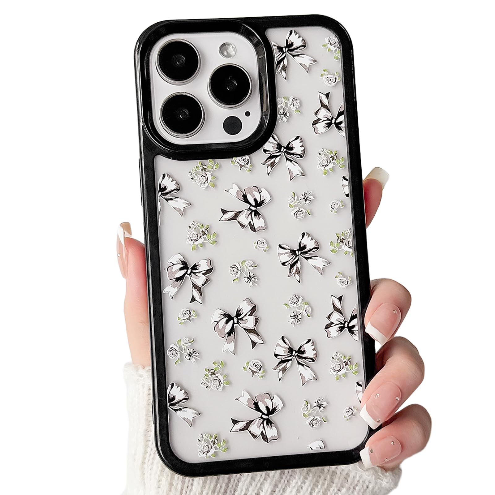 Lovmooful Compatible for iPhone 15 Pro Max Case Cute Clear Bowknot Ribbon Flower Floral Design with Bumper Protector for Girls Women Soft TPU+PC