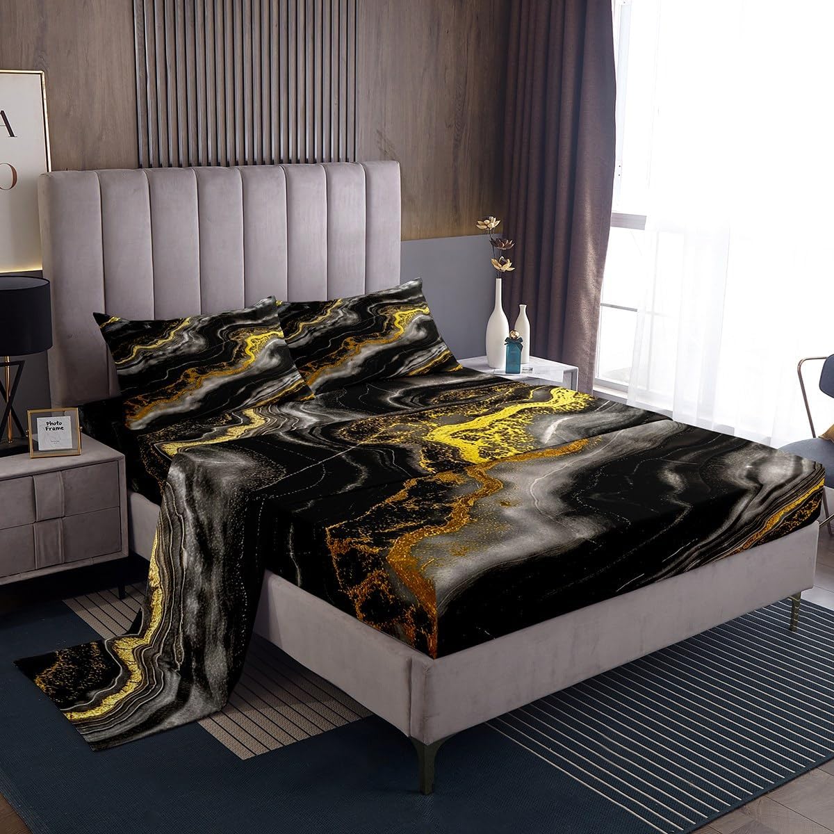 Golden Black Marble Bed Sheets Set Twin Size Kids Modern Aesthetic Fitted Sheet with Deep Pocket Boys Girls Retro Watercolor Artwork Bedding Set Abstract Texture Bedroom Decor Bedclothes